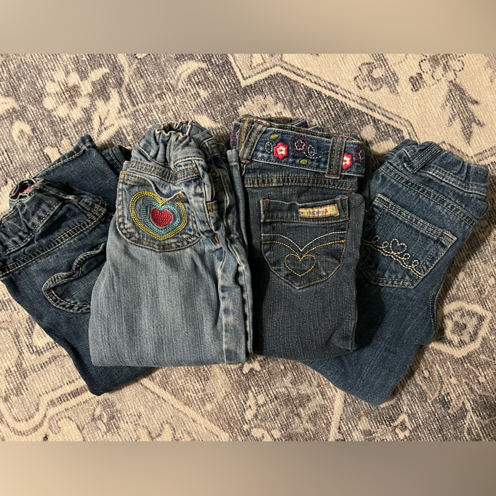 Lot of 4 Stylish Denim Jeans with Heart Embroidery